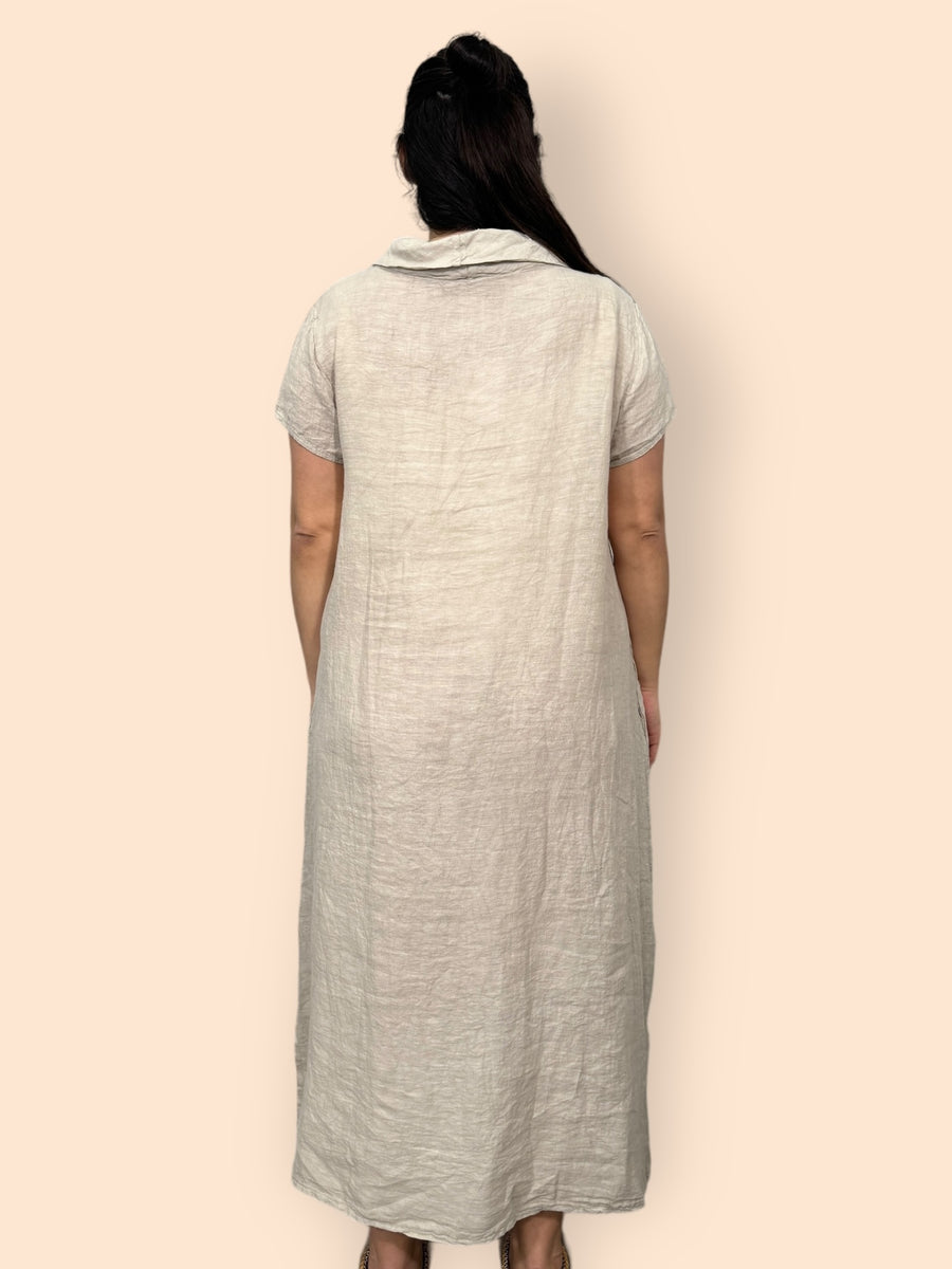 Eco-Friendly Sustainable Pure Linen Cowl Draped Neck Maxi Dress with Short Sleeves and Side Pockets