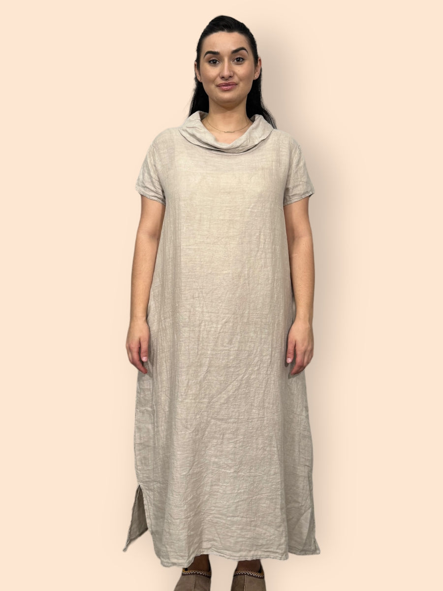 Eco-Friendly Sustainable Pure Linen Cowl Draped Neck Maxi Dress with Short Sleeves and Side Pockets