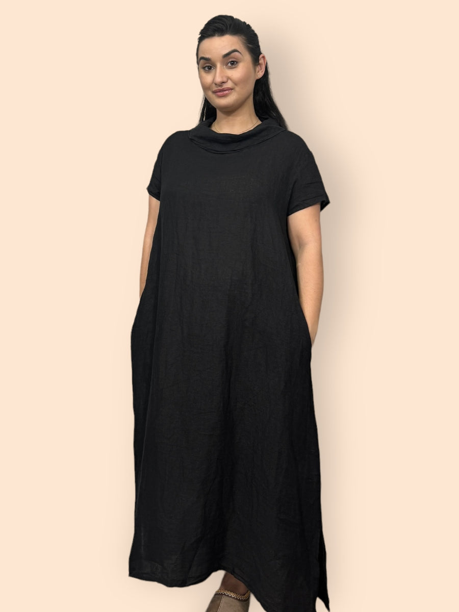 Eco-Friendly Sustainable Pure Linen Cowl Draped Neck Maxi Dress with Short Sleeves and Side Pockets