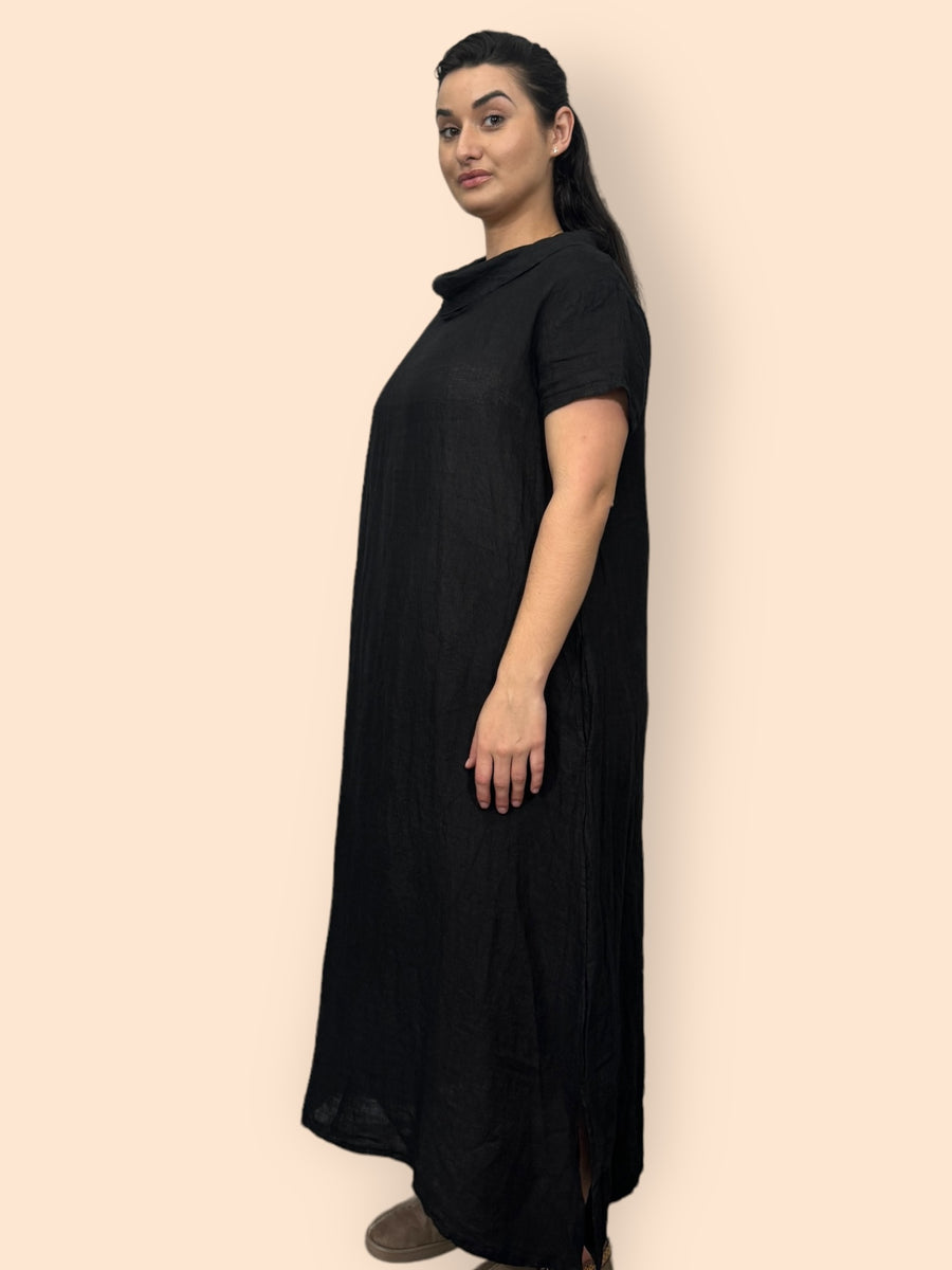 Eco-Friendly Sustainable Pure Linen Cowl Draped Neck Maxi Dress with Short Sleeves and Side Pockets