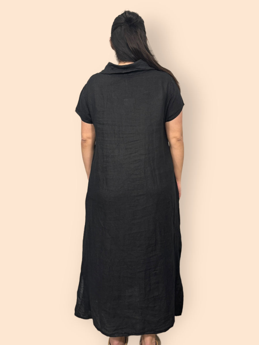 Eco-Friendly Sustainable Pure Linen Cowl Draped Neck Maxi Dress with Short Sleeves and Side Pockets