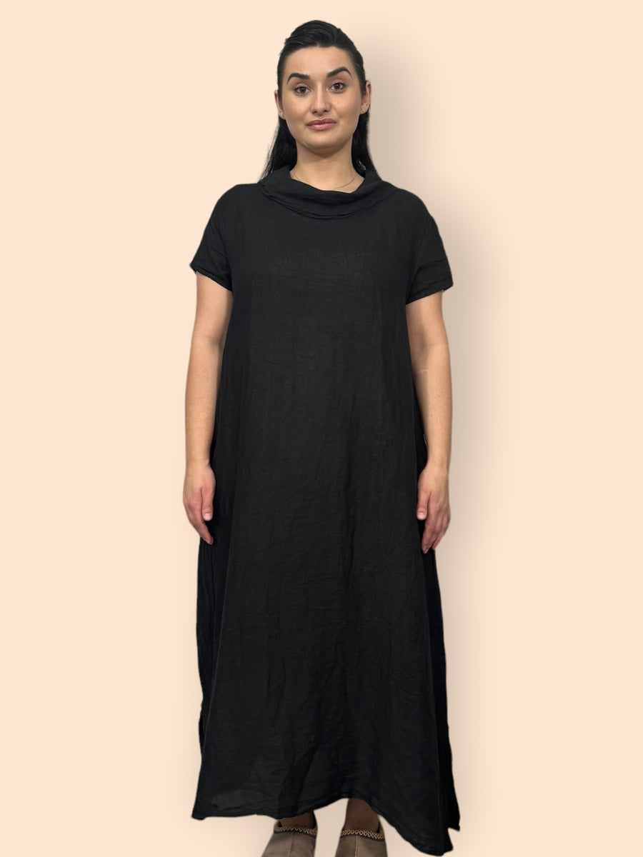 Eco-Friendly Sustainable Pure Linen Cowl Draped Neck Maxi Dress with Short Sleeves and Side Pockets