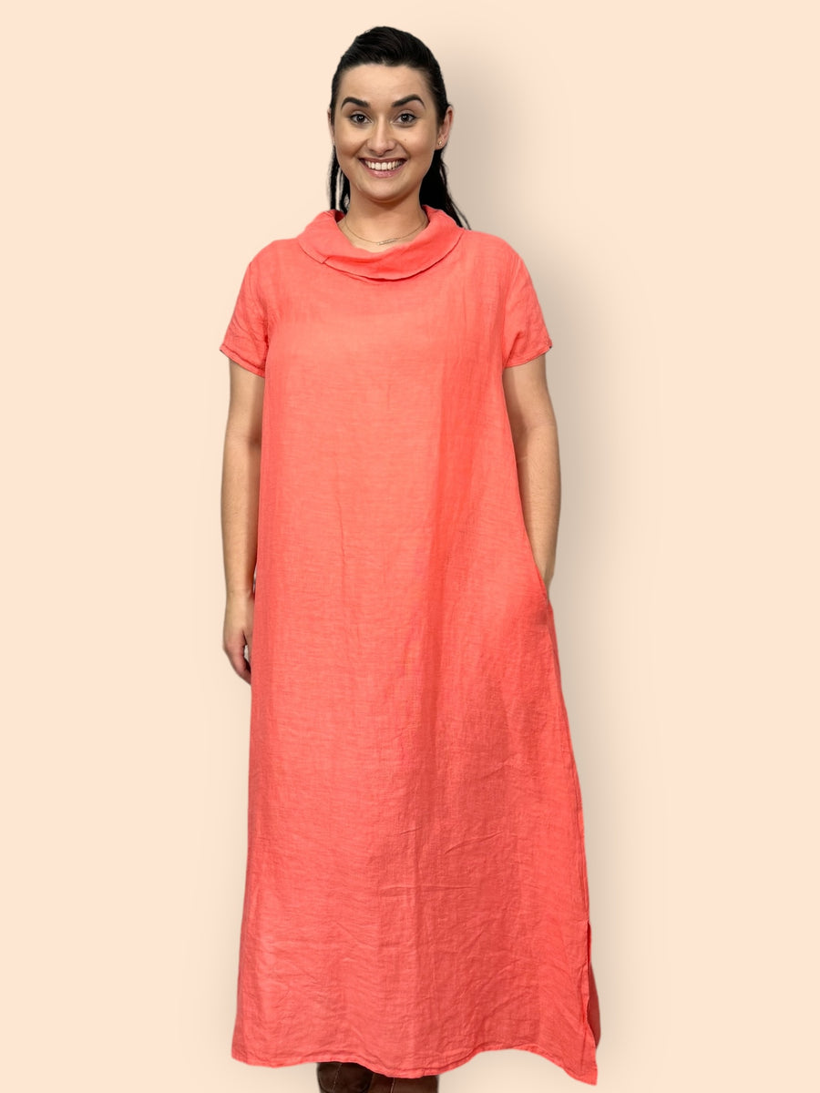 Eco-Friendly Sustainable Pure Linen Cowl Draped Neck Maxi Dress with Short Sleeves and Side Pockets