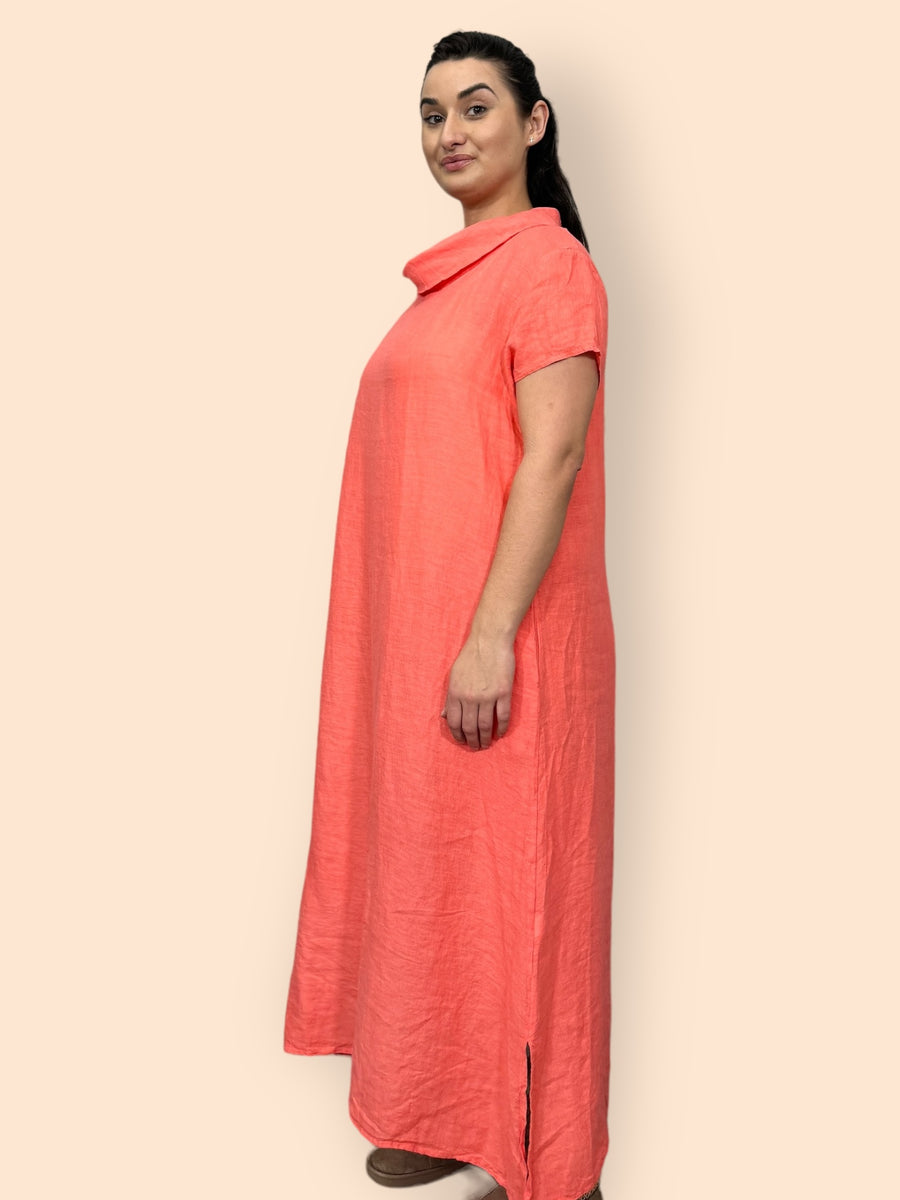 Eco-Friendly Sustainable Pure Linen Cowl Draped Neck Maxi Dress with Short Sleeves and Side Pockets