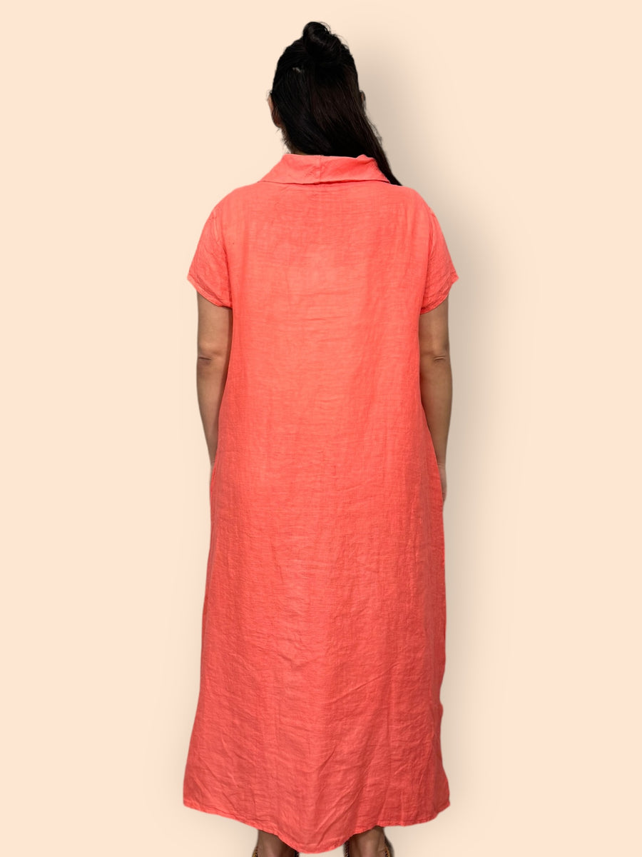 Eco-Friendly Sustainable Pure Linen Cowl Draped Neck Maxi Dress with Short Sleeves and Side Pockets