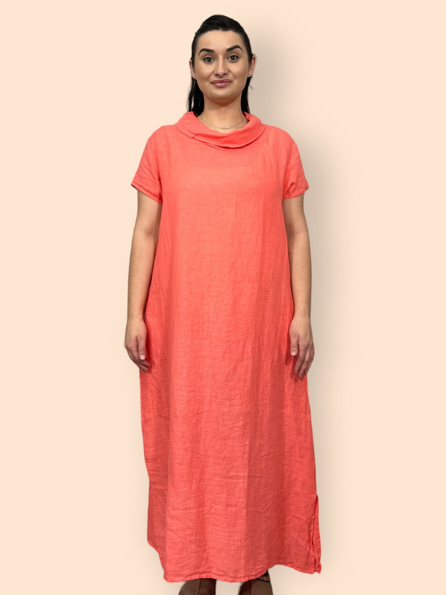 Eco-Friendly Sustainable Pure Linen Cowl Draped Neck Maxi Dress with Short Sleeves and Side Pockets