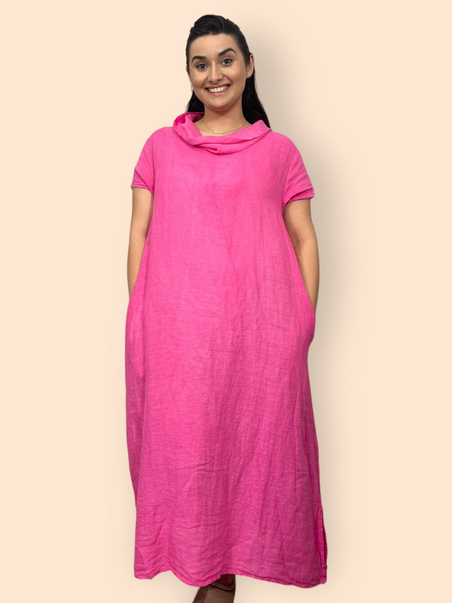 Eco-Friendly Sustainable Pure Linen Cowl Draped Neck Maxi Dress with Short Sleeves and Side Pockets