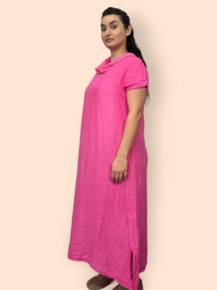 Eco-Friendly Sustainable Pure Linen Cowl Draped Neck Maxi Dress with Short Sleeves and Side Pockets