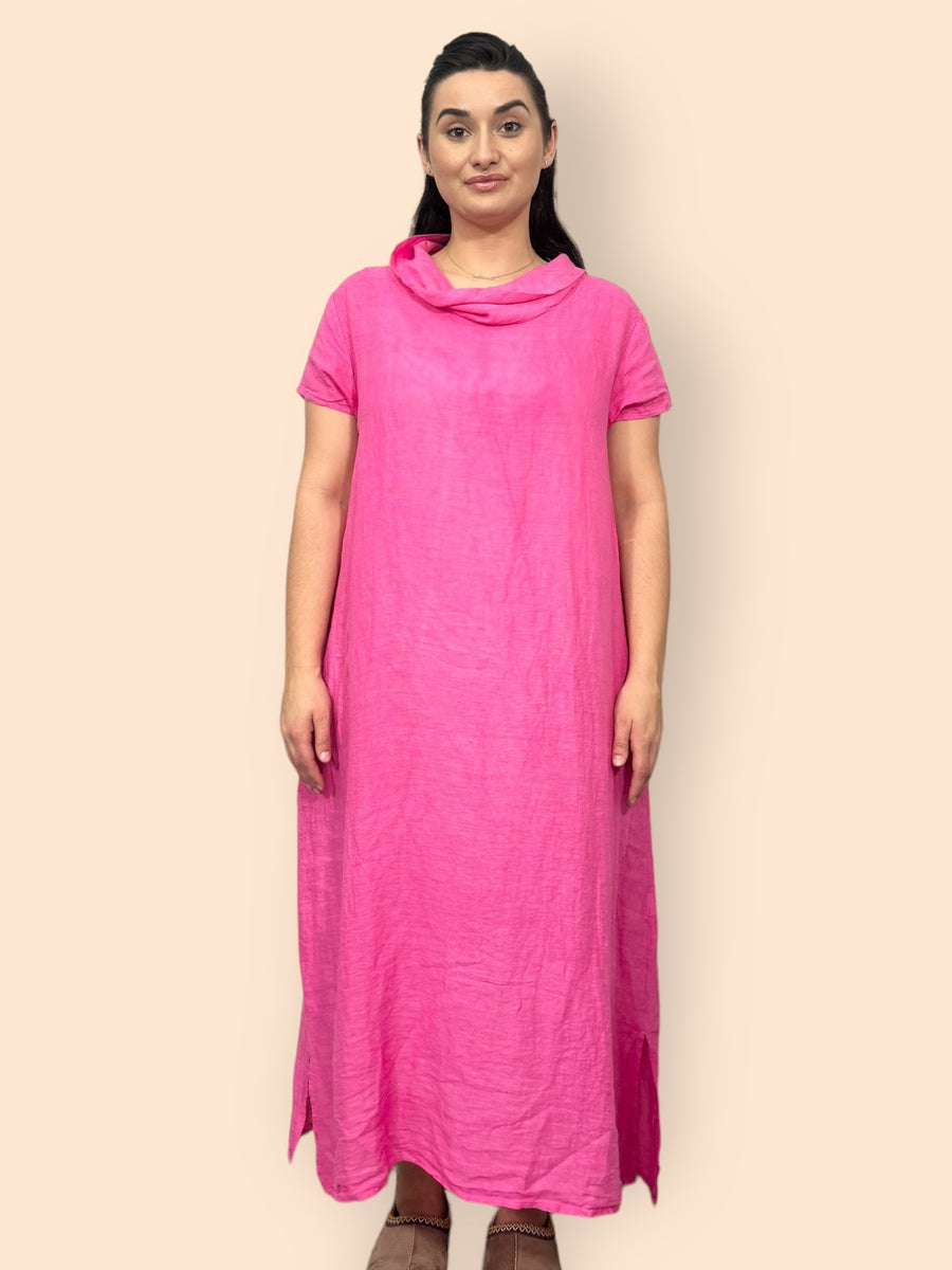 Eco-Friendly Sustainable Pure Linen Cowl Draped Neck Maxi Dress with Short Sleeves and Side Pockets