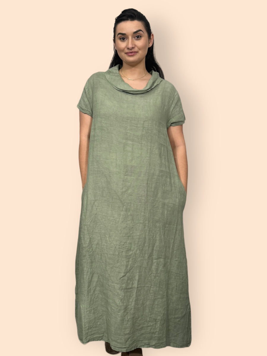 Eco-Friendly Sustainable Pure Linen Cowl Draped Neck Maxi Dress with Short Sleeves and Side Pockets