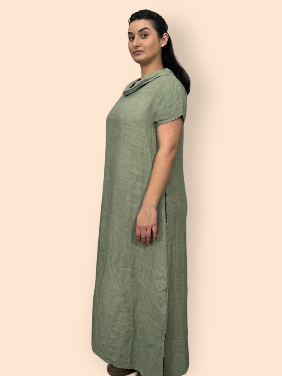 Eco-Friendly Sustainable Pure Linen Cowl Draped Neck Maxi Dress with Short Sleeves and Side Pockets