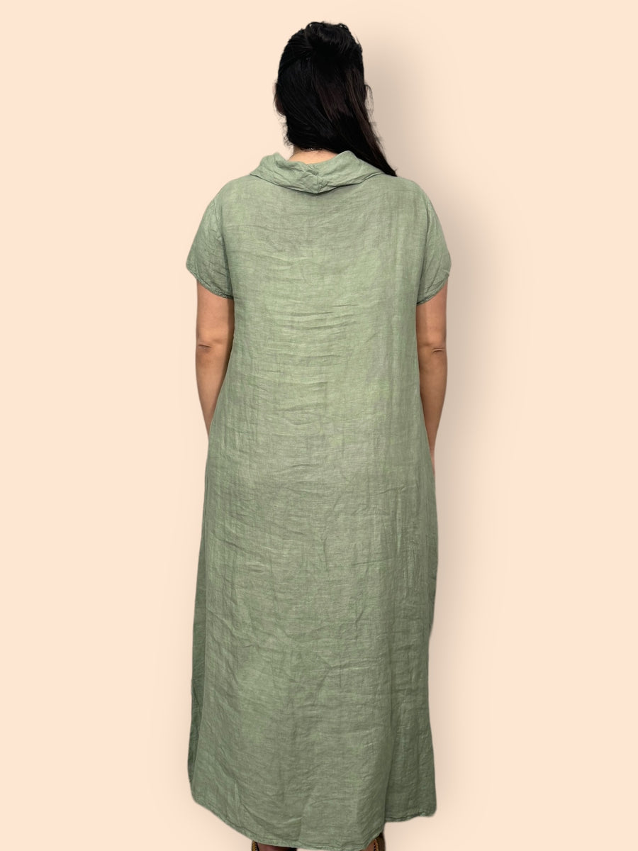 Eco-Friendly Sustainable Pure Linen Cowl Draped Neck Maxi Dress with Short Sleeves and Side Pockets