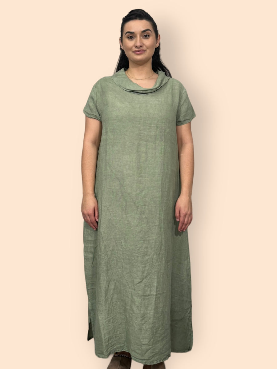 Eco-Friendly Sustainable Pure Linen Cowl Draped Neck Maxi Dress with Short Sleeves and Side Pockets