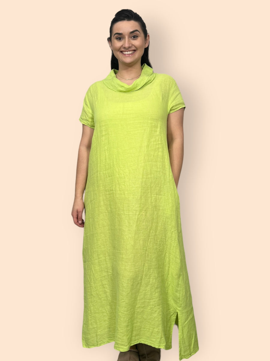 Eco-Friendly Sustainable Pure Linen Cowl Draped Neck Maxi Dress with Short Sleeves and Side Pockets