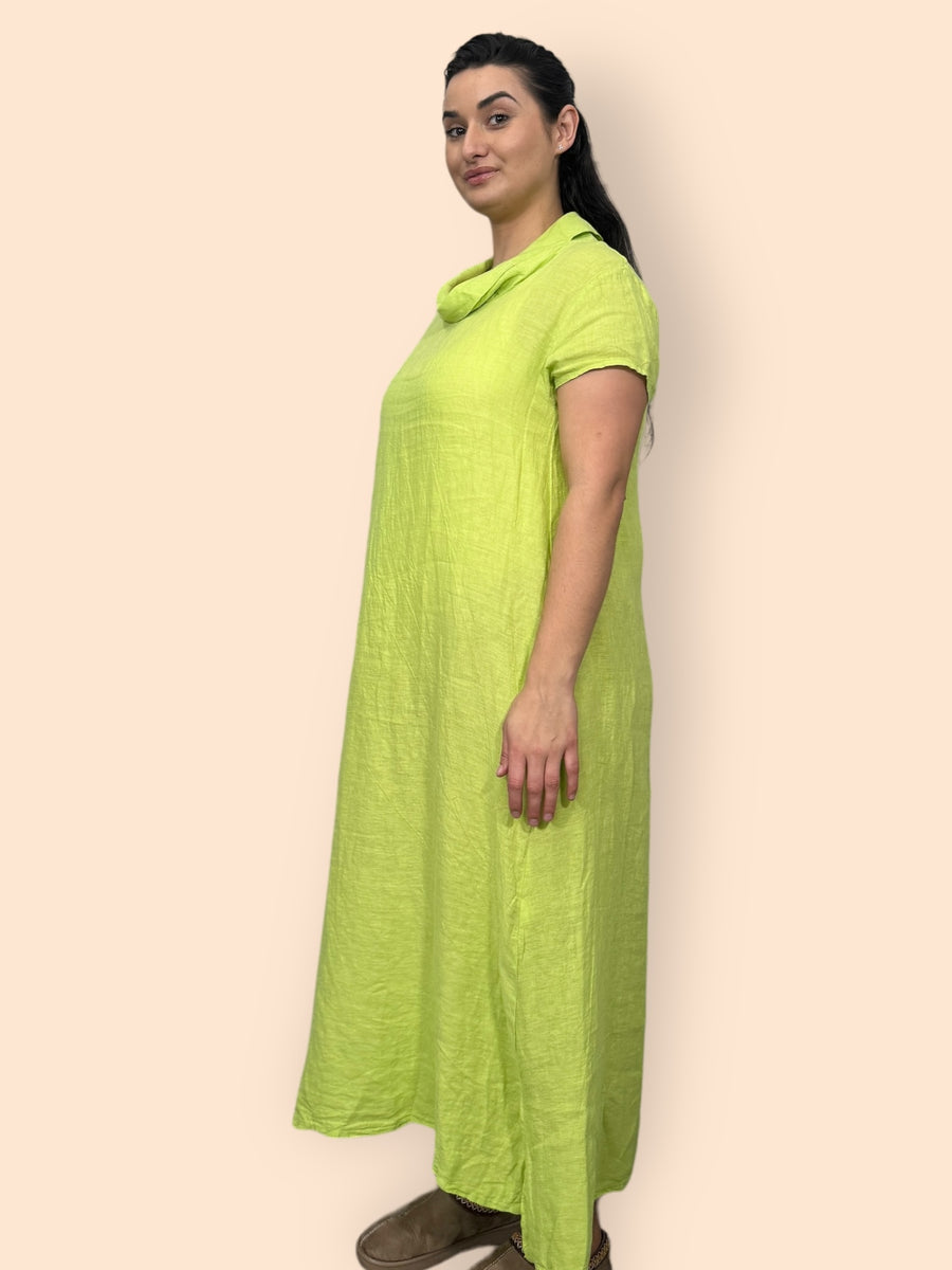 Eco-Friendly Sustainable Pure Linen Cowl Draped Neck Maxi Dress with Short Sleeves and Side Pockets