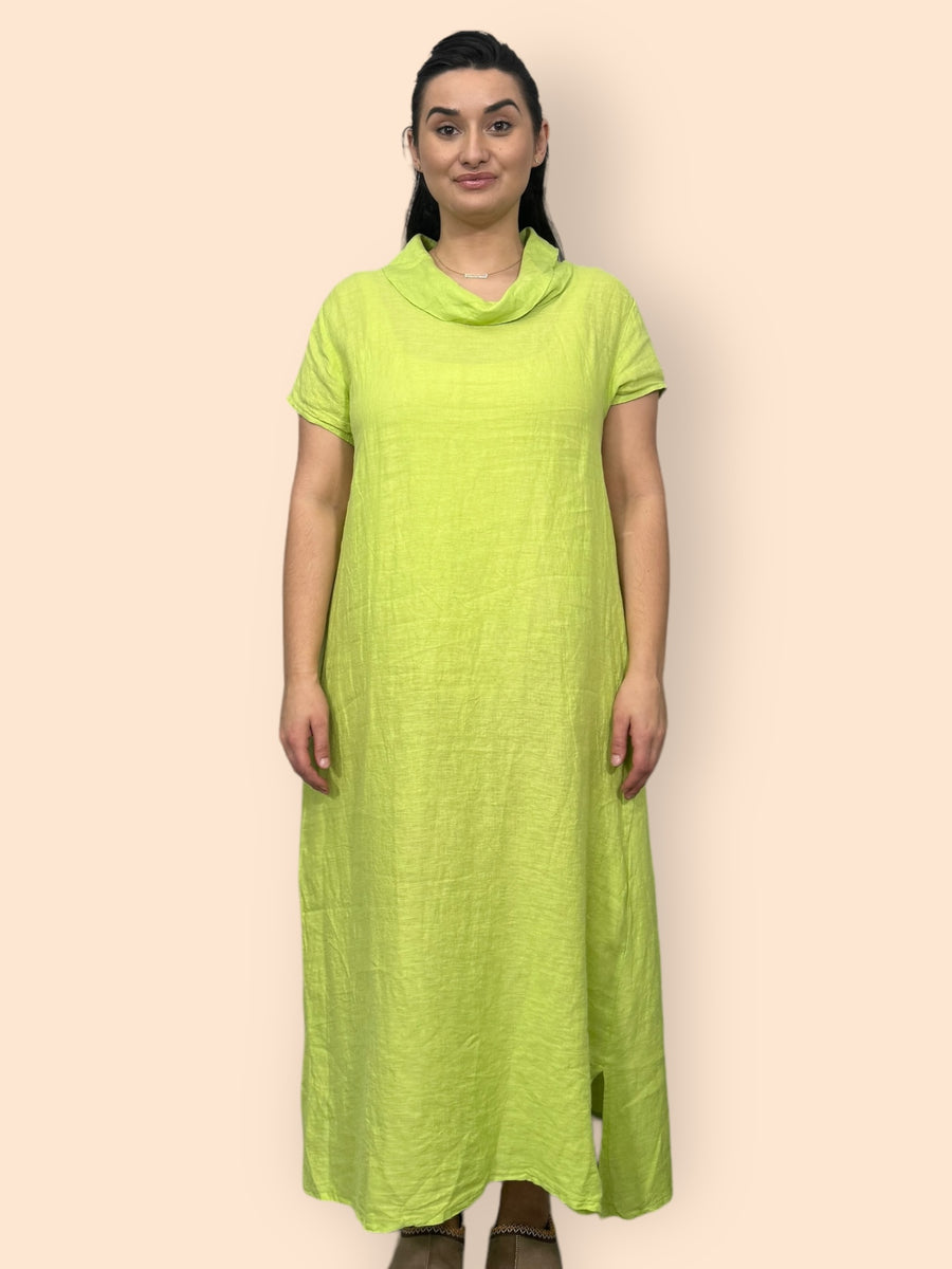 Eco-Friendly Sustainable Pure Linen Cowl Draped Neck Maxi Dress with Short Sleeves and Side Pockets