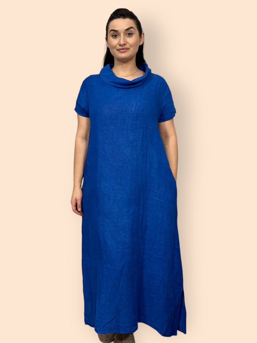 Eco-Friendly Sustainable Pure Linen Cowl Draped Neck Maxi Dress with Short Sleeves and Side Pockets