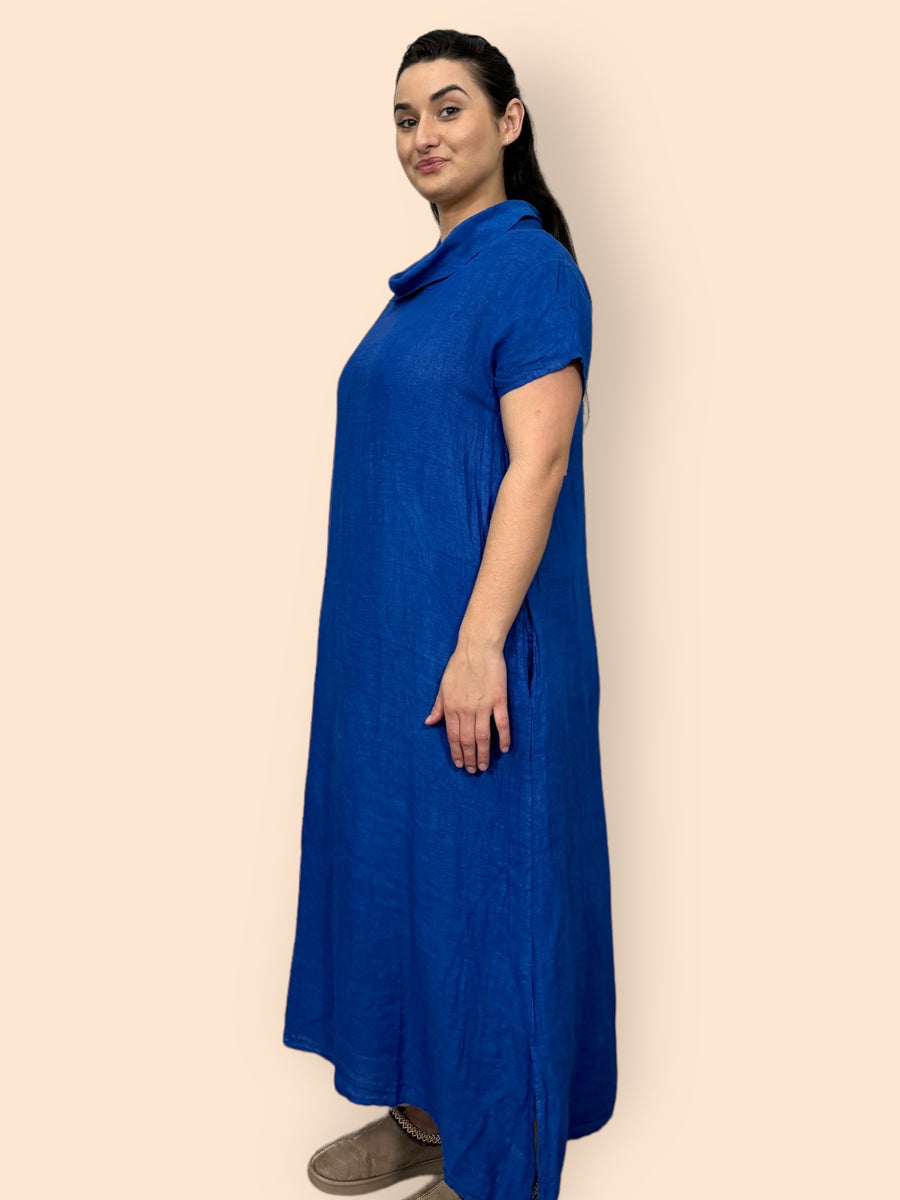 Eco-Friendly Sustainable Pure Linen Cowl Draped Neck Maxi Dress with Short Sleeves and Side Pockets