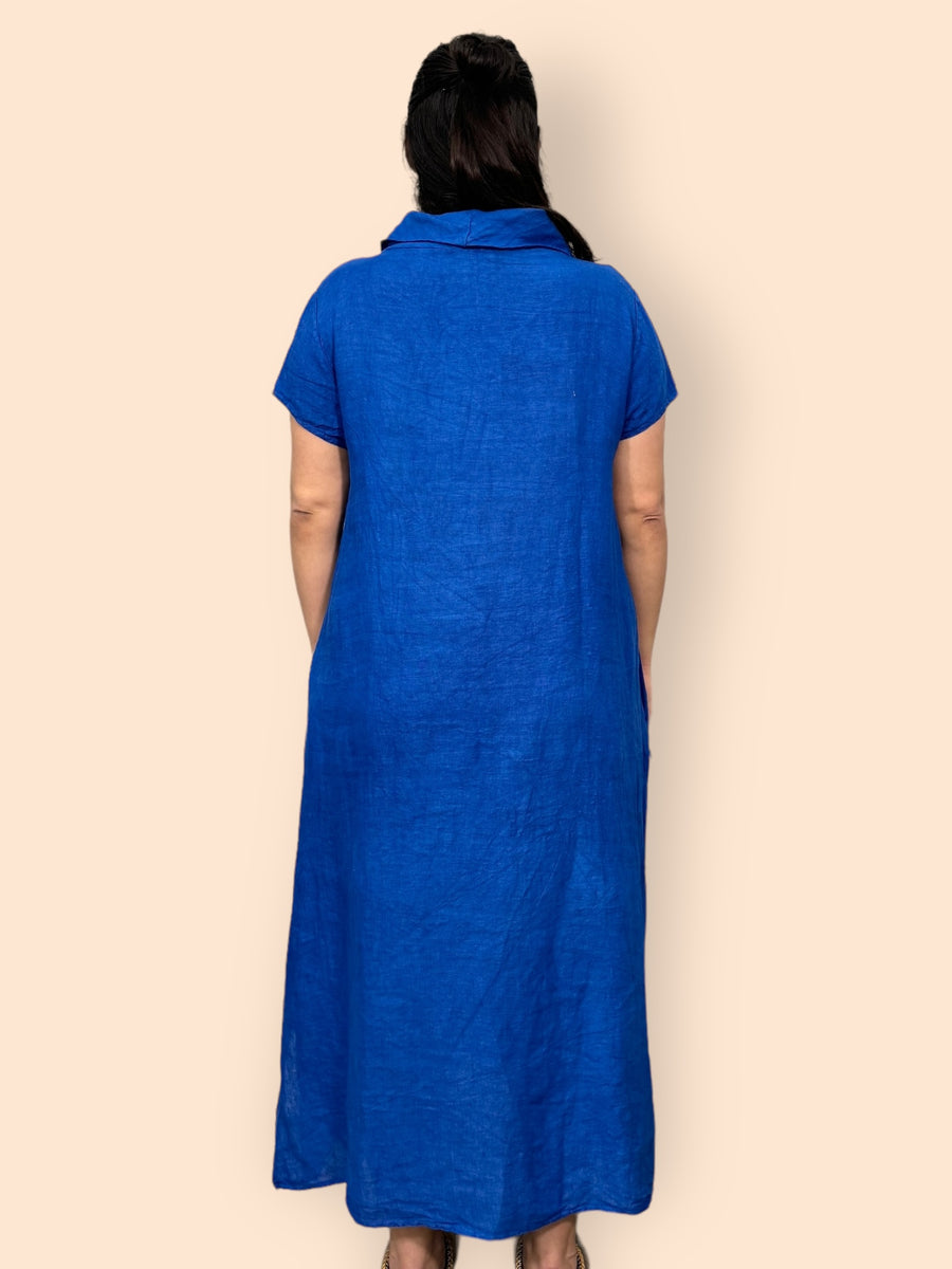 Eco-Friendly Sustainable Pure Linen Cowl Draped Neck Maxi Dress with Short Sleeves and Side Pockets