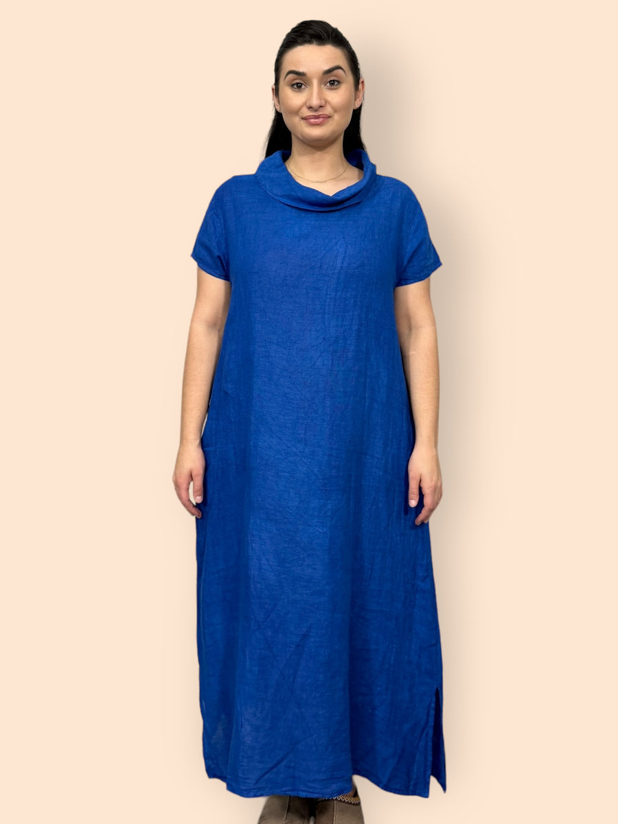 Eco-Friendly Sustainable Pure Linen Cowl Draped Neck Maxi Dress with Short Sleeves and Side Pockets