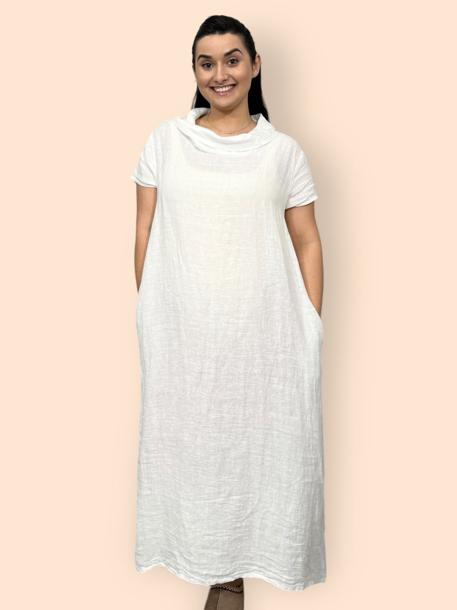 Eco-Friendly Sustainable Pure Linen Cowl Draped Neck Maxi Dress with Short Sleeves and Side Pockets