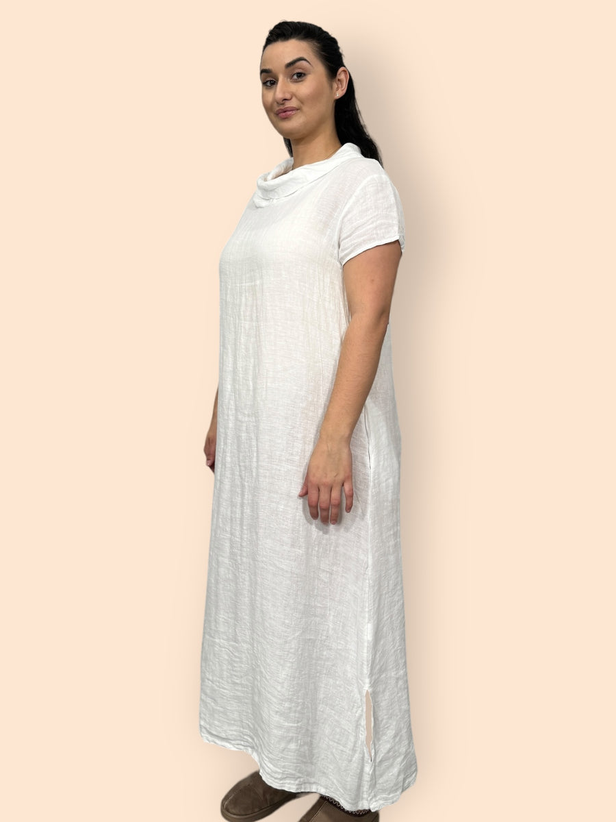 Eco-Friendly Sustainable Pure Linen Cowl Draped Neck Maxi Dress with Short Sleeves and Side Pockets