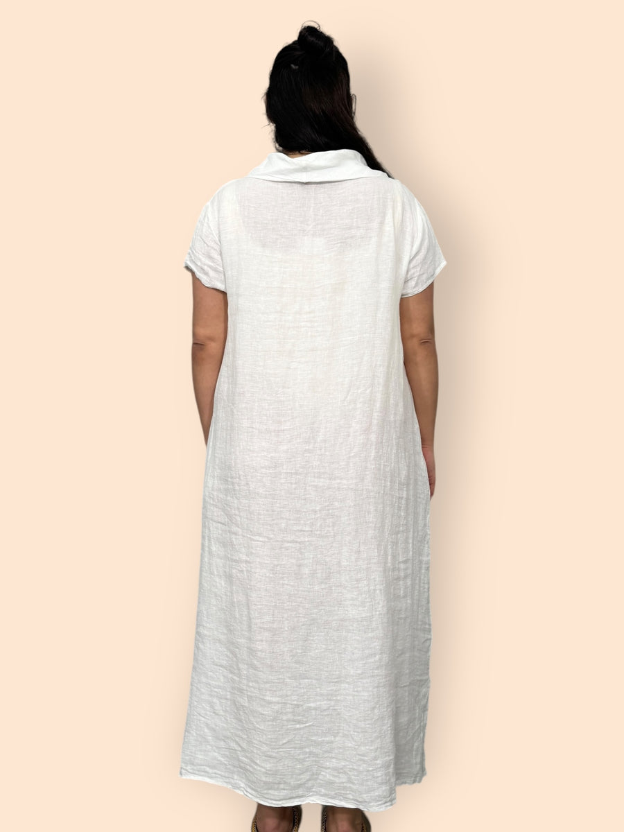 Eco-Friendly Sustainable Pure Linen Cowl Draped Neck Maxi Dress with Short Sleeves and Side Pockets