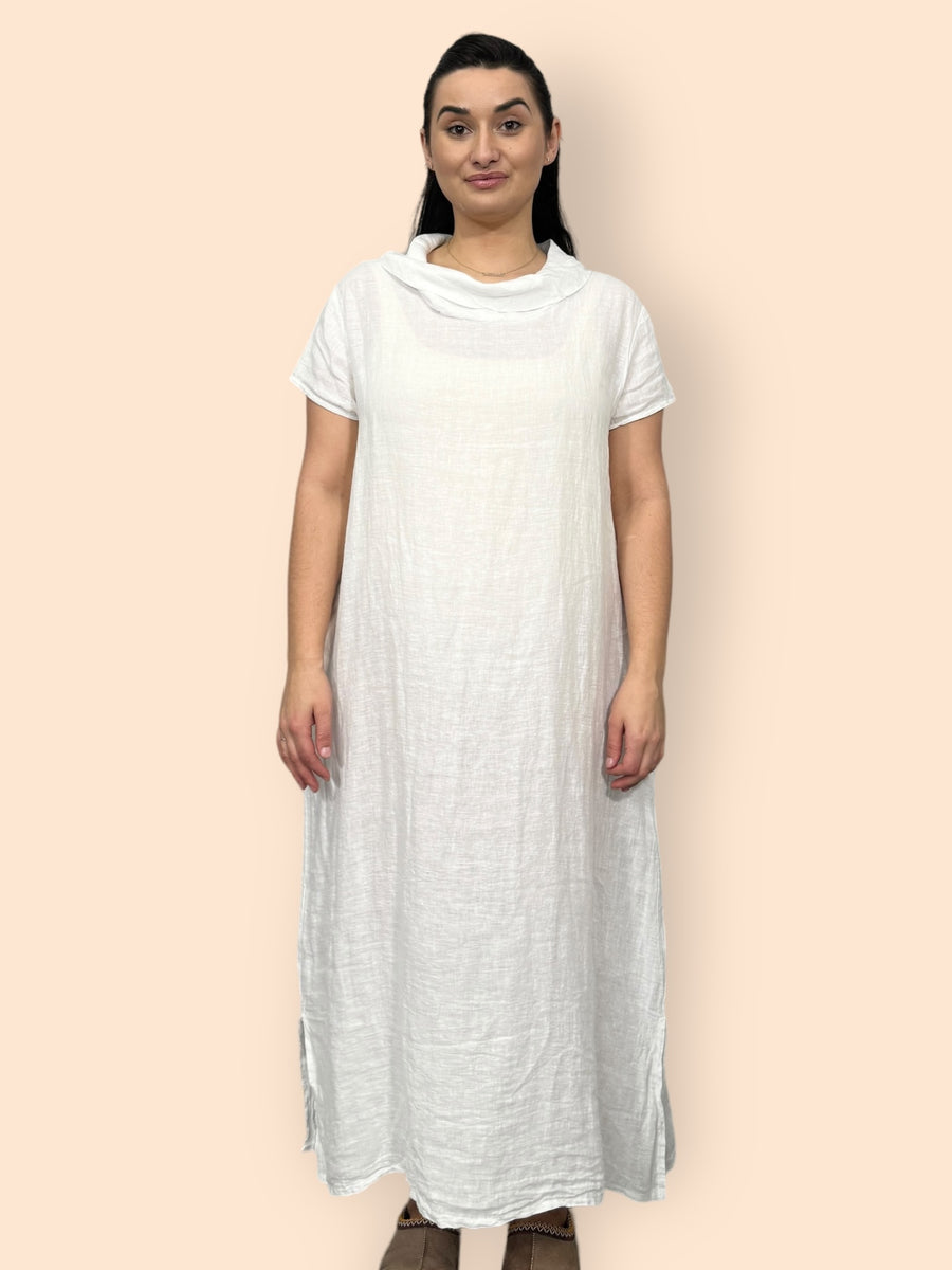 Eco-Friendly Sustainable Pure Linen Cowl Draped Neck Maxi Dress with Short Sleeves and Side Pockets