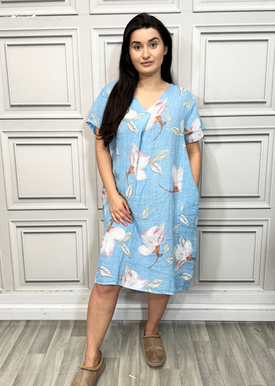 Pure Linen Floral Print Midi Dress with Front Pleat