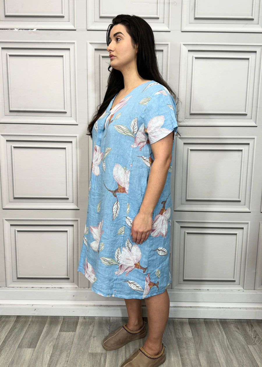 Pure Linen Floral Print Midi Dress with Front Pleat