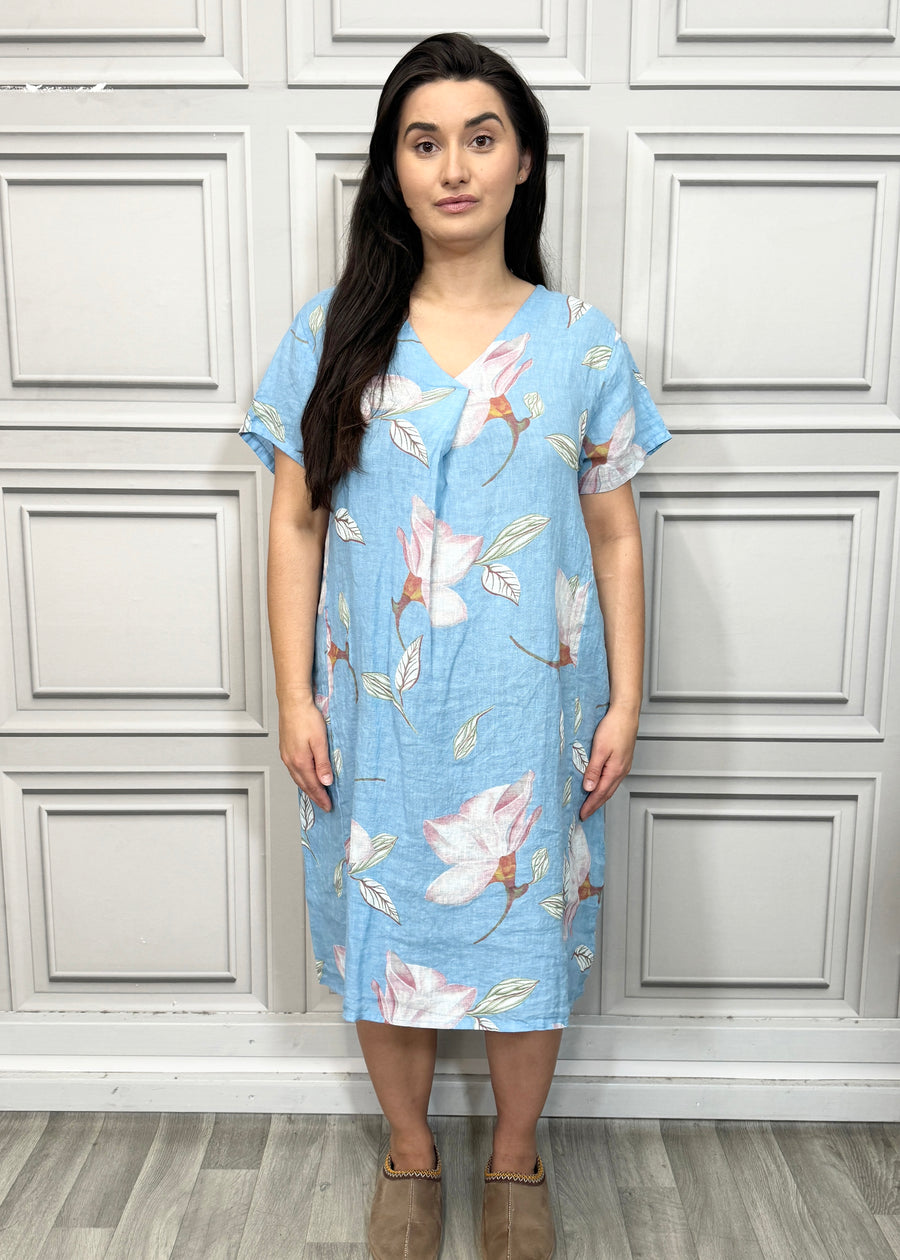 Pure Linen Floral Print Midi Dress with Front Pleat