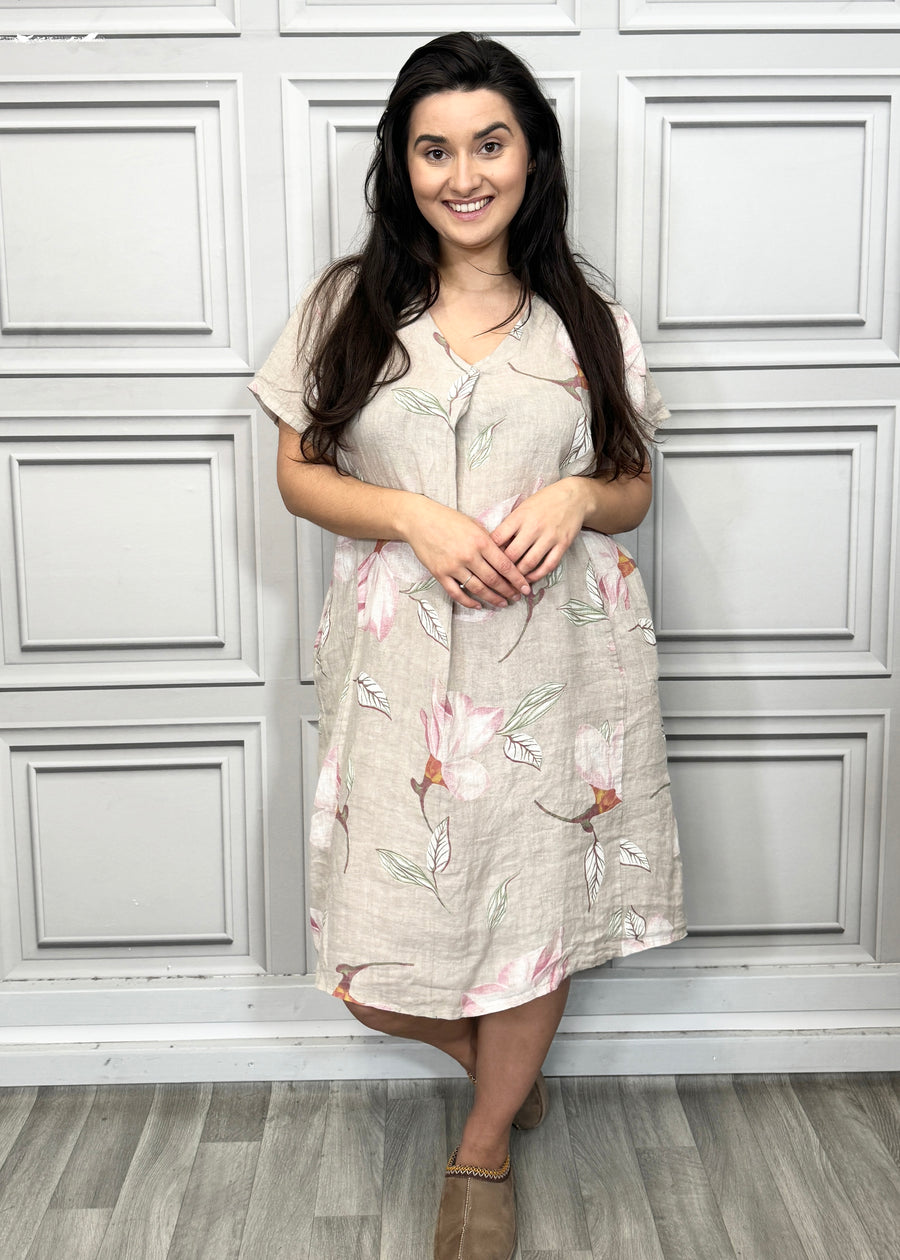 Pure Linen Floral Print Midi Dress with Front Pleat