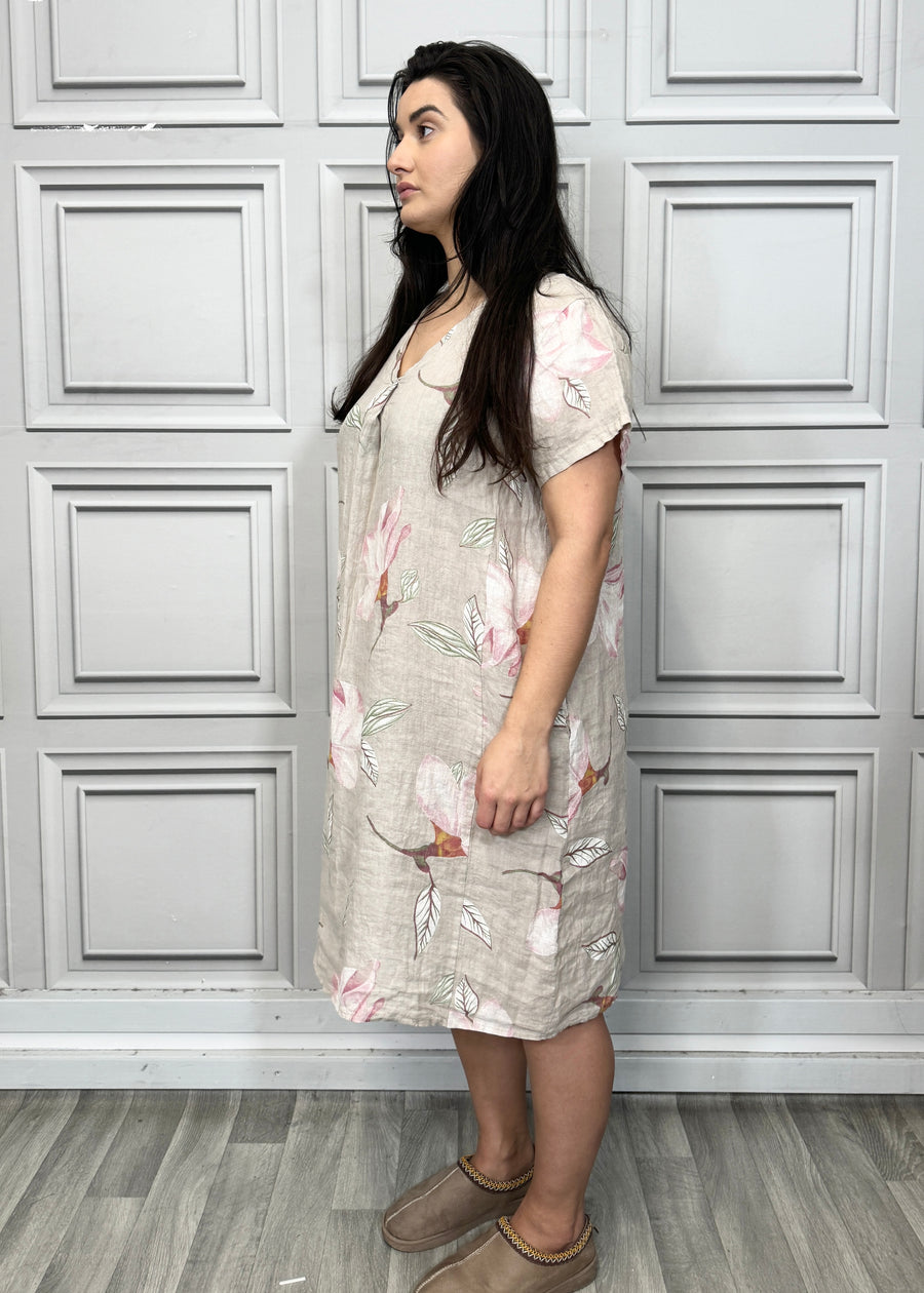 Pure Linen Floral Print Midi Dress with Front Pleat