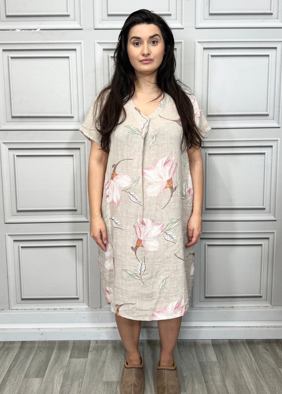 Pure Linen Floral Print Midi Dress with Front Pleat