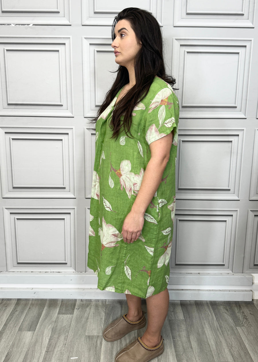 Pure Linen Floral Print Midi Dress with Front Pleat