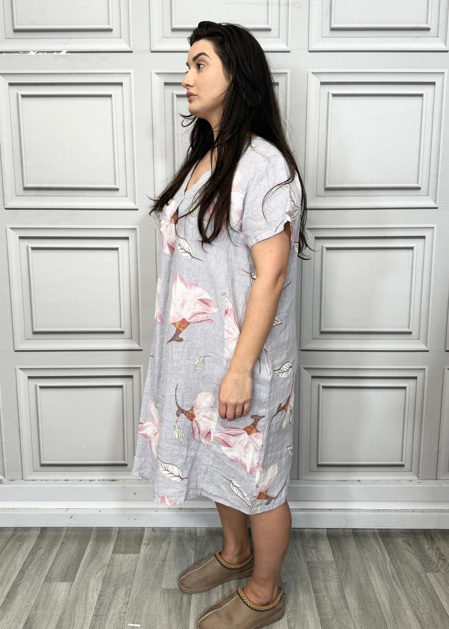 Pure Linen Floral Print Midi Dress with Front Pleat