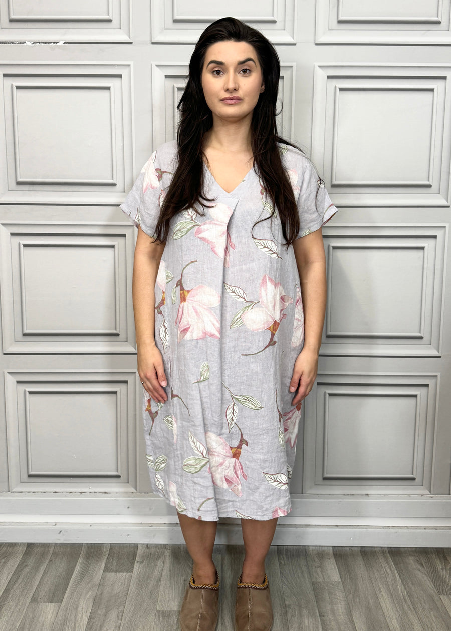 Pure Linen Floral Print Midi Dress with Front Pleat