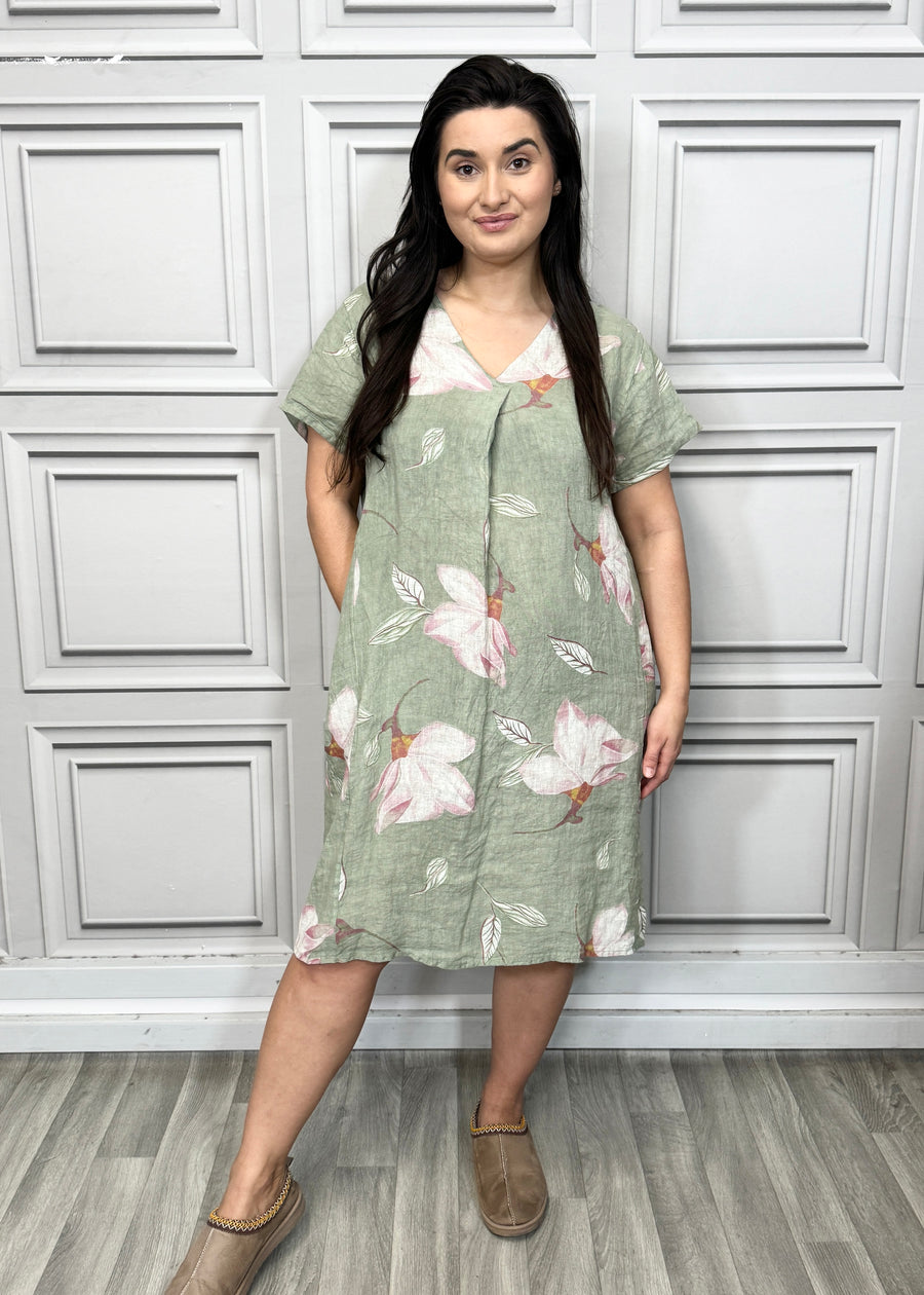 Pure Linen Floral Print Midi Dress with Front Pleat