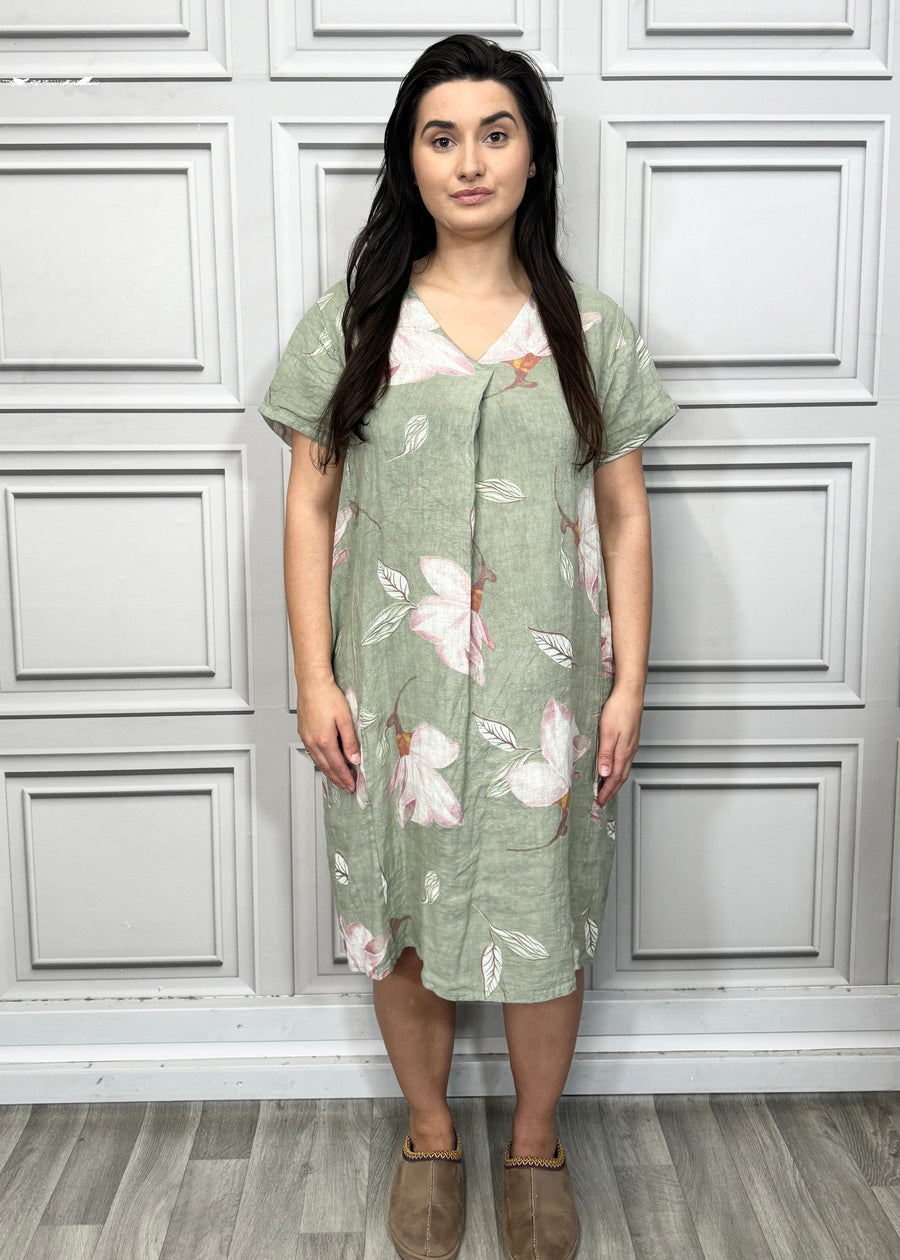 Pure Linen Floral Print Midi Dress with Front Pleat