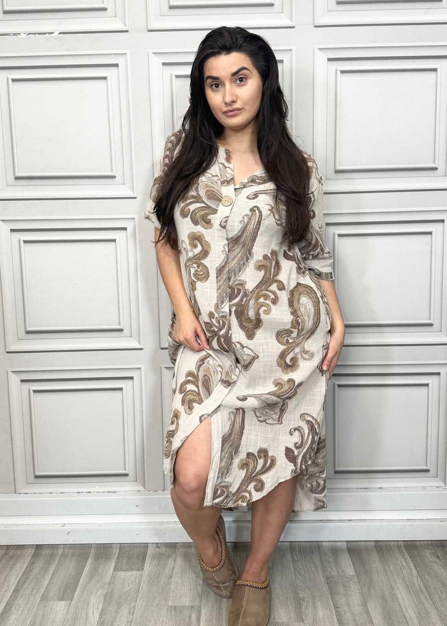 Pure Cotton Paisley Print Midi Dress with Side Split