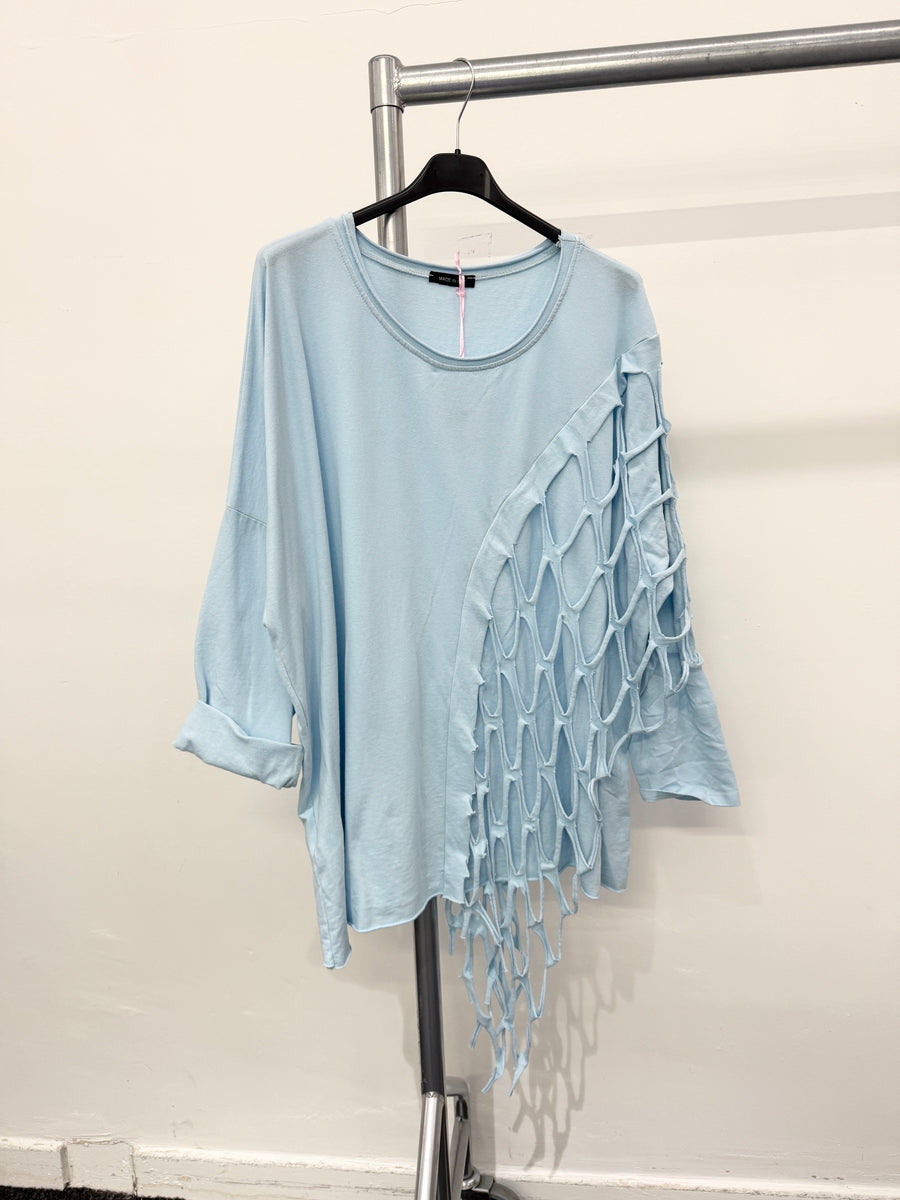 Pure Stretchy Cotton Plus Size Top With Distressed Slashing Panel