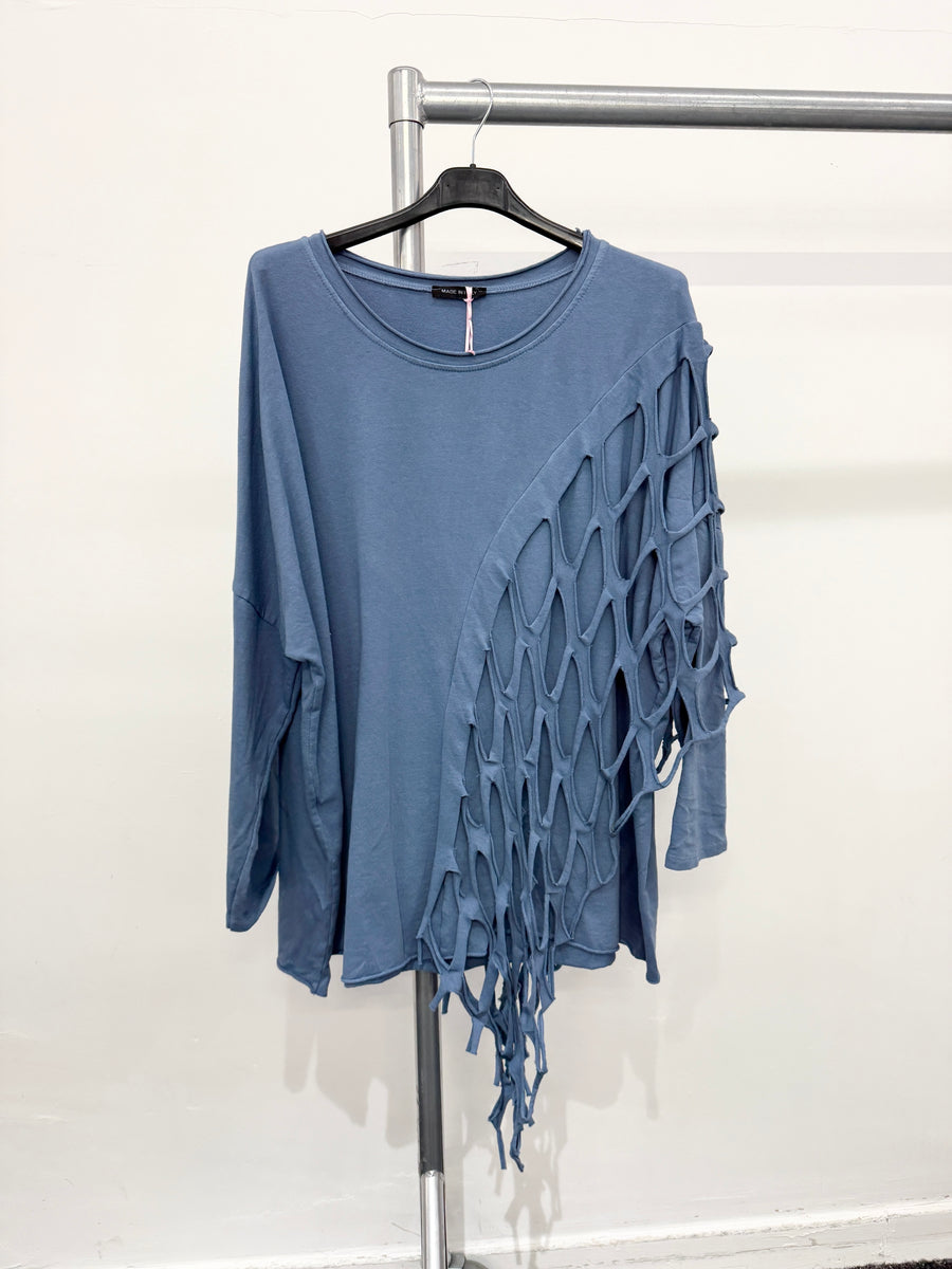 Pure Stretchy Cotton Plus Size Top With Distressed Slashing Panel