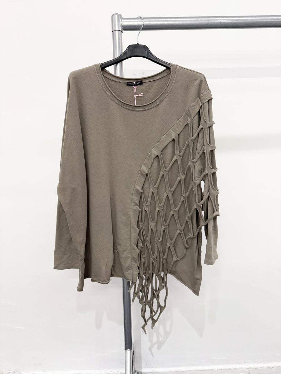 Pure Stretchy Cotton Plus Size Top With Distressed Slashing Panel