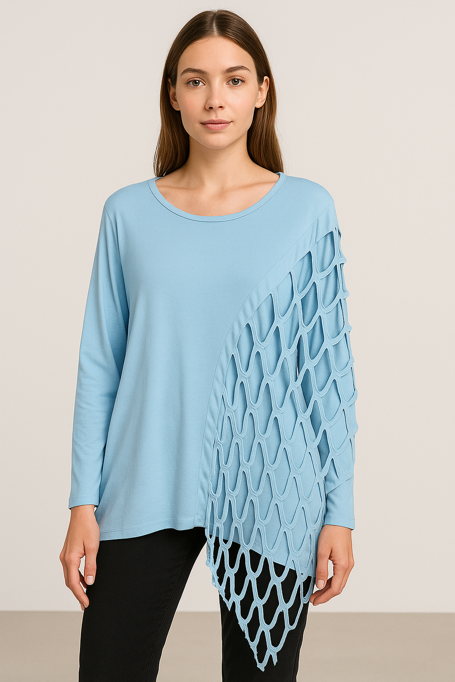 Pure Stretchy Cotton Plus Size Top With Distressed Slashing Panel