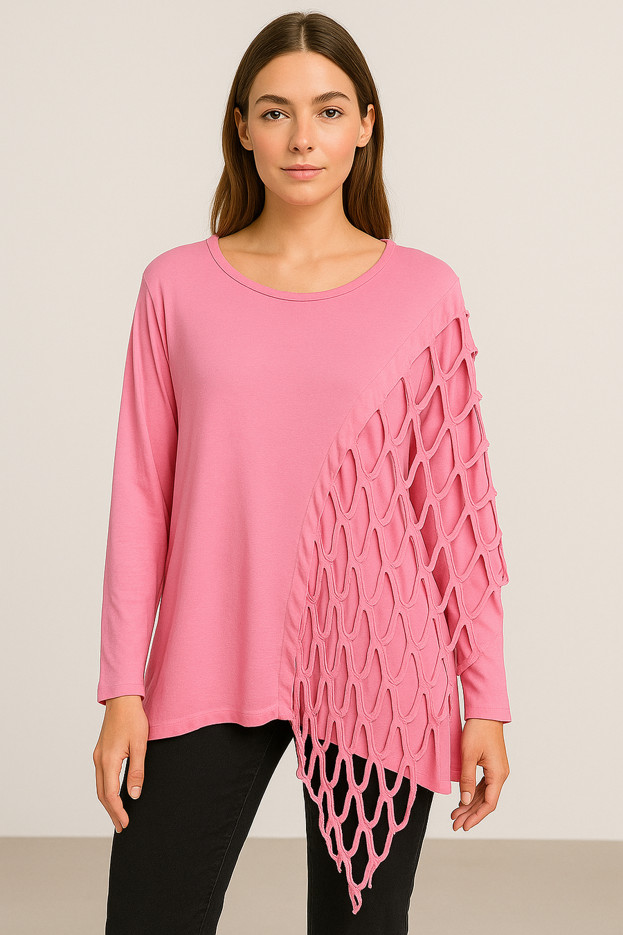 Pure Stretchy Cotton Plus Size Top With Distressed Slashing Panel
