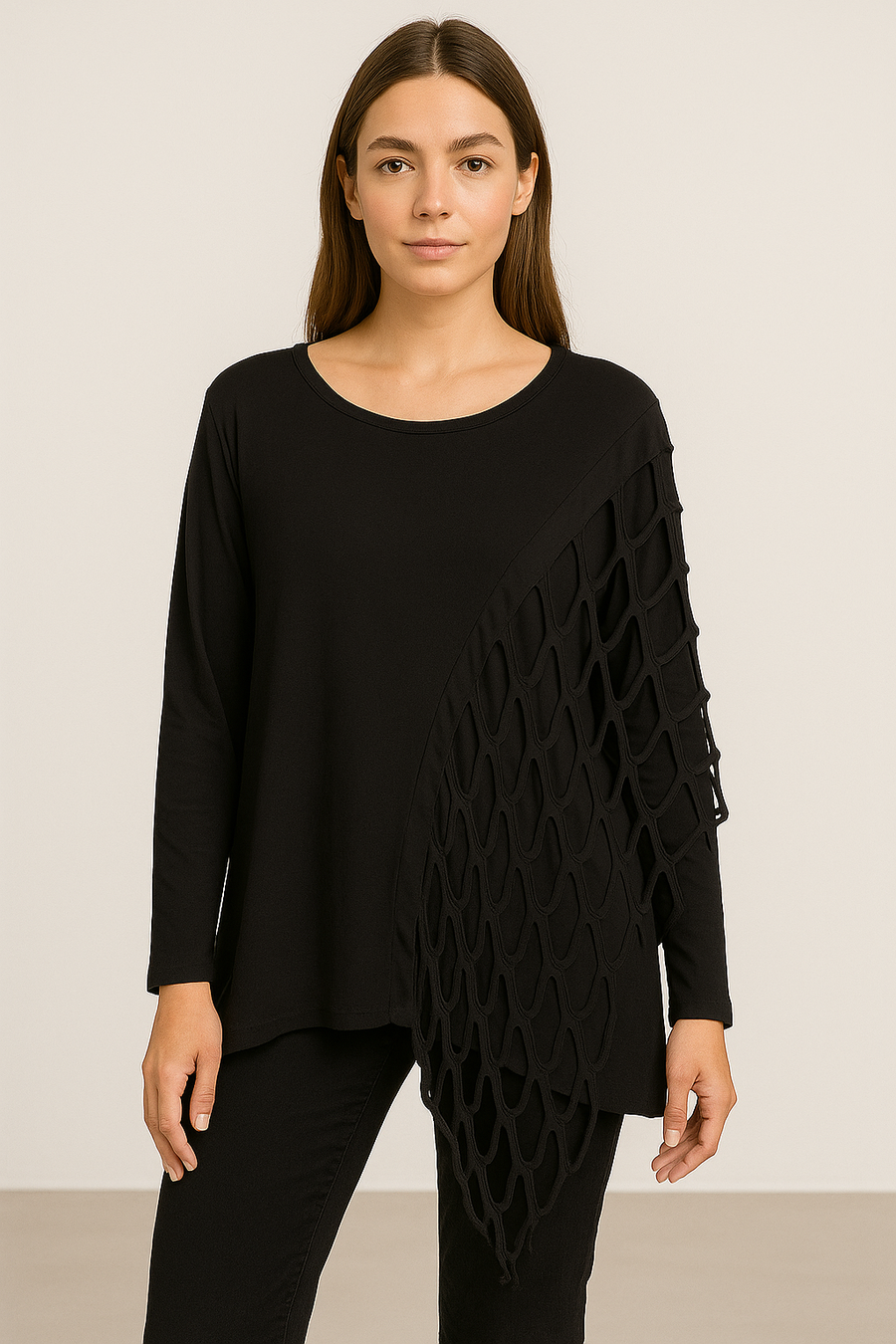 Pure Stretchy Cotton Plus Size Top With Distressed Slashing Panel