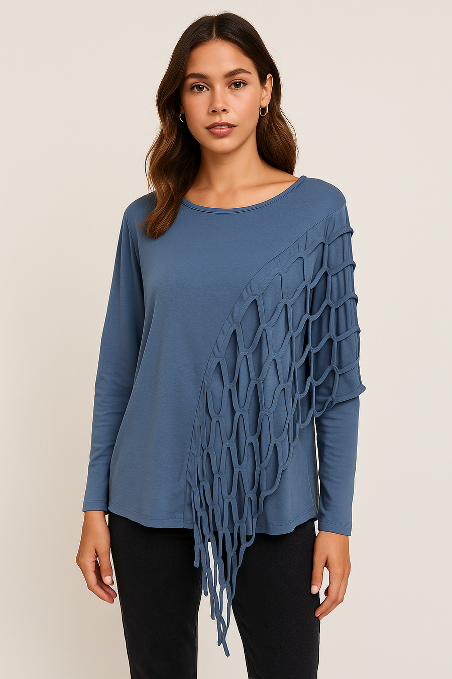 Pure Stretchy Cotton Plus Size Top With Distressed Slashing Panel
