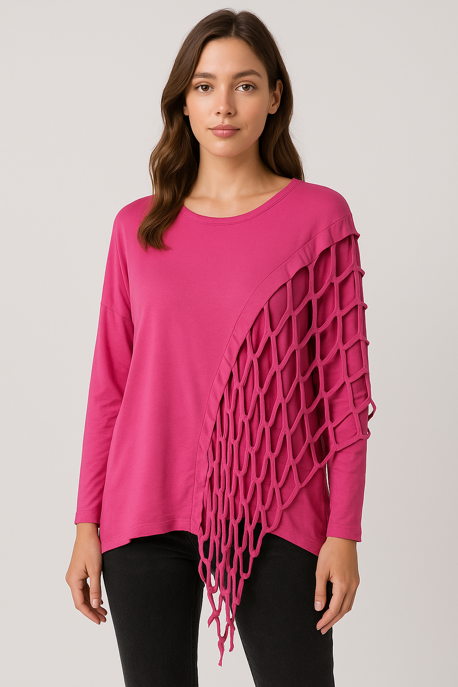Pure Stretchy Cotton Plus Size Top With Distressed Slashing Panel