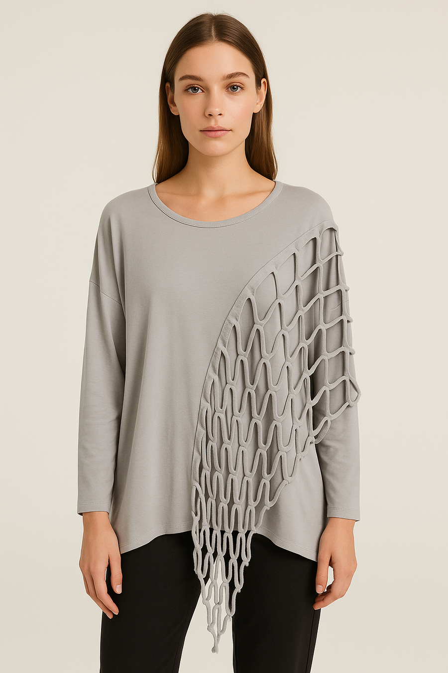 Pure Stretchy Cotton Plus Size Top With Distressed Slashing Panel