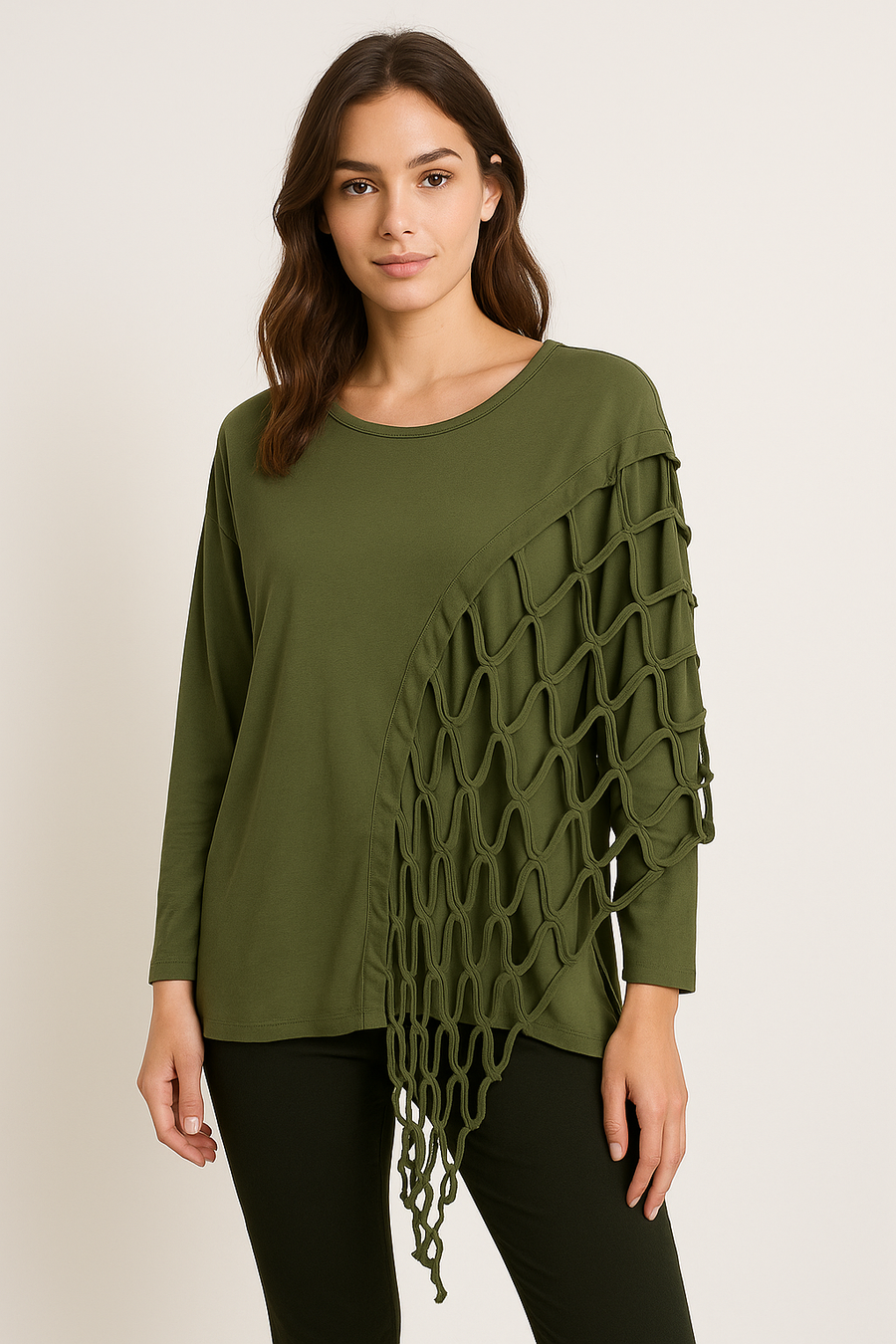 Pure Stretchy Cotton Plus Size Top With Distressed Slashing Panel
